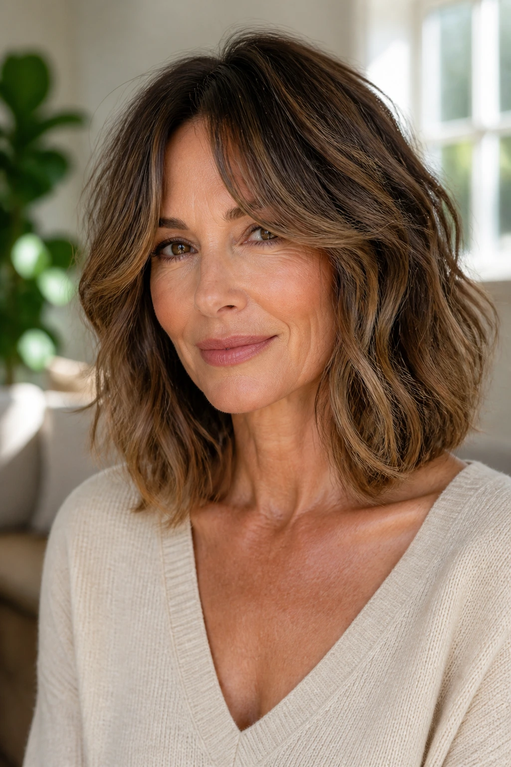 Close-up of a real woman with a collarbone-length cut and curtain bangs.