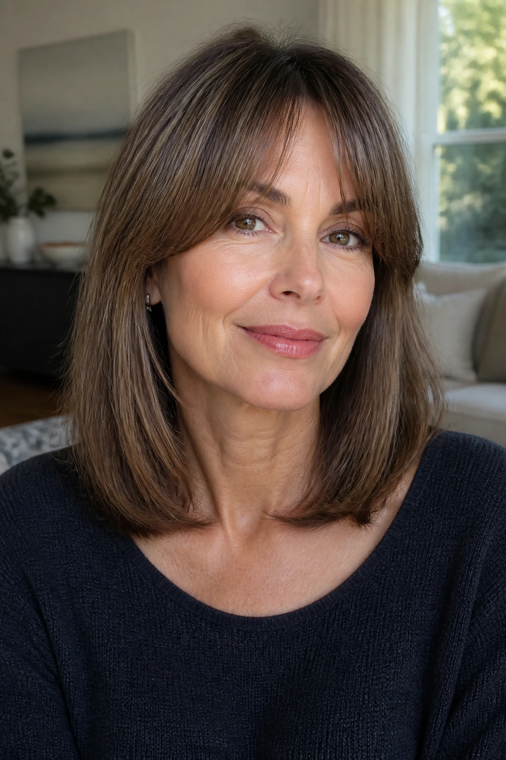 Close-up of a real woman with Collarbone Cut and Curtain Bangs in natural daylight