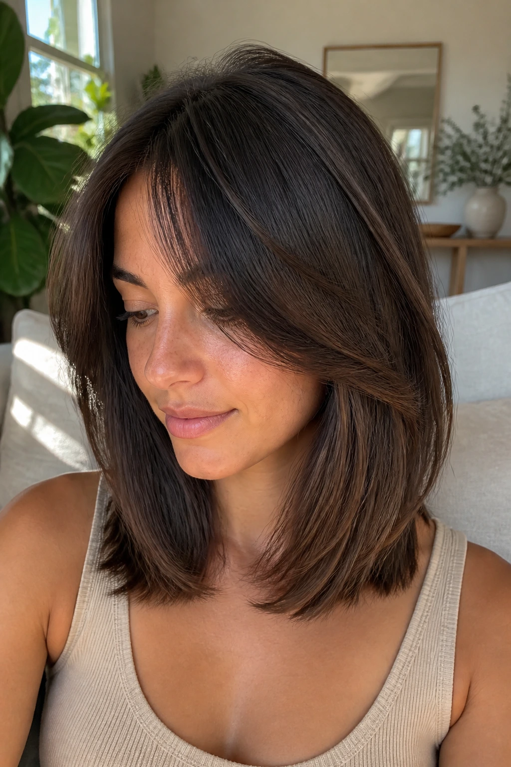 Portrait of woman with collarbone-length hair and blended curtain bangs in warm natural light