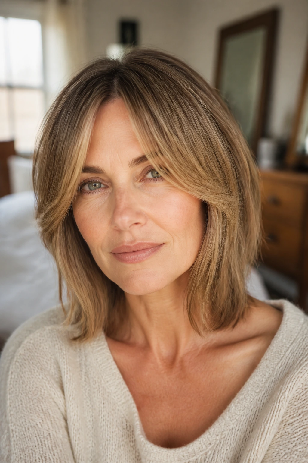 Real woman with collarbone-length cut and curtain fringe