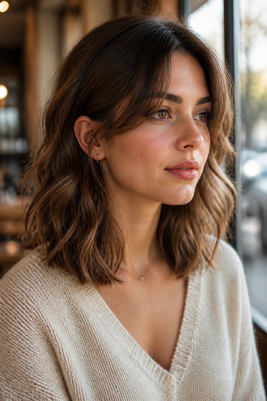 Portrait of a real woman with collarbone-length cut and long curtain fringe