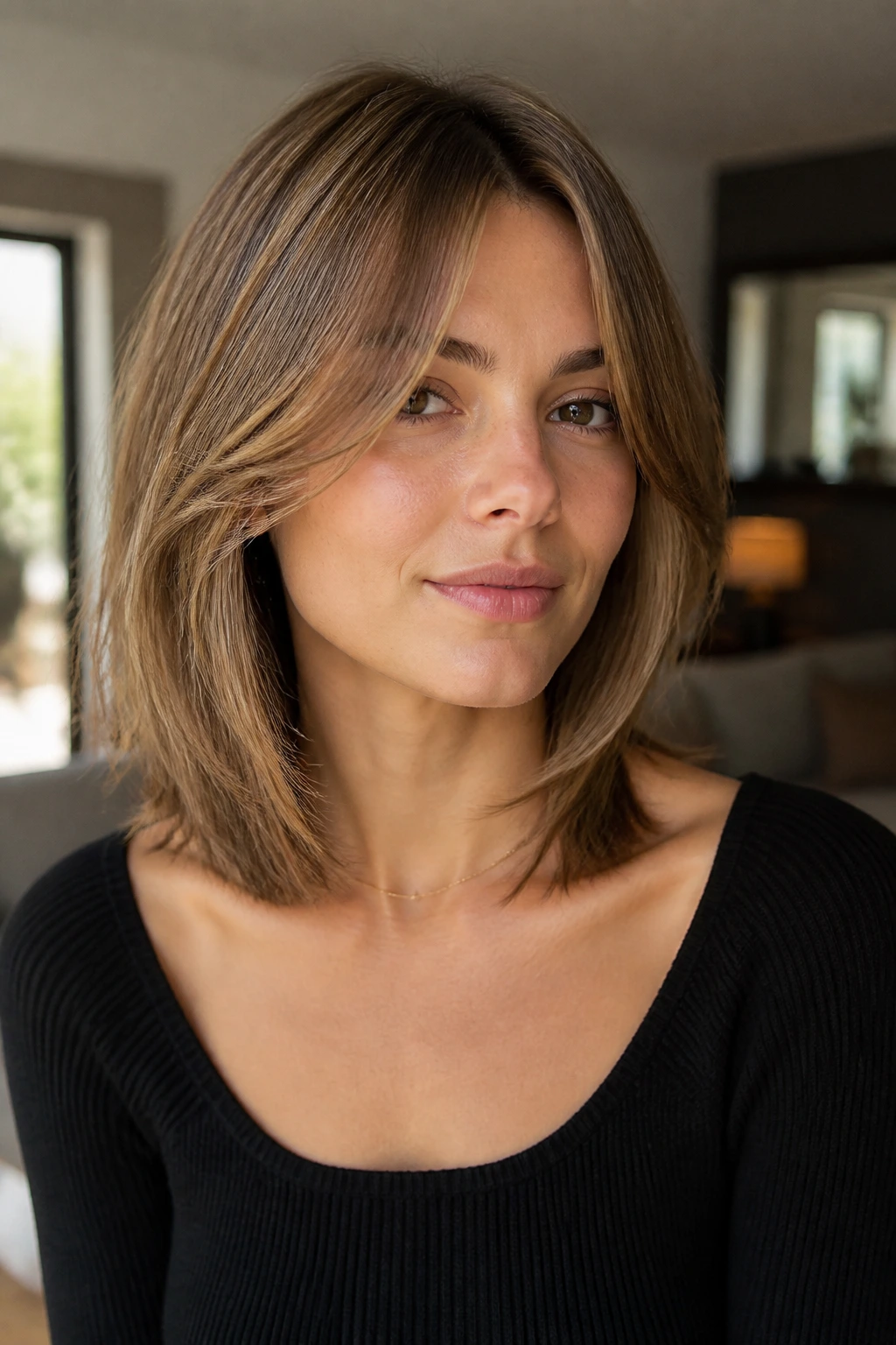 Close-up portrait of a real woman with collarbone-length cut and floating face frame
