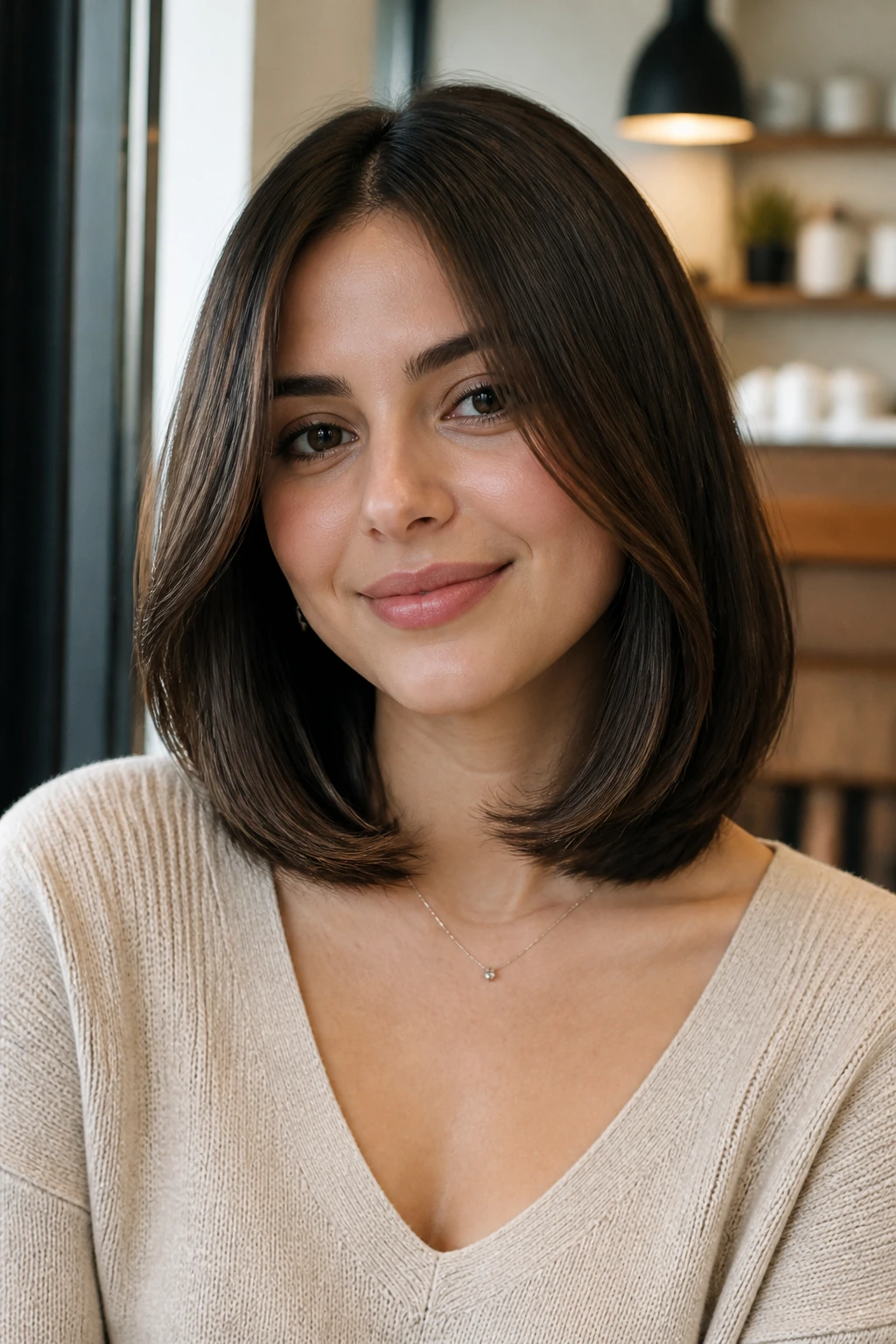 Close-up portrait of a real woman with a collarbone-length cut and flipped-in ends.
