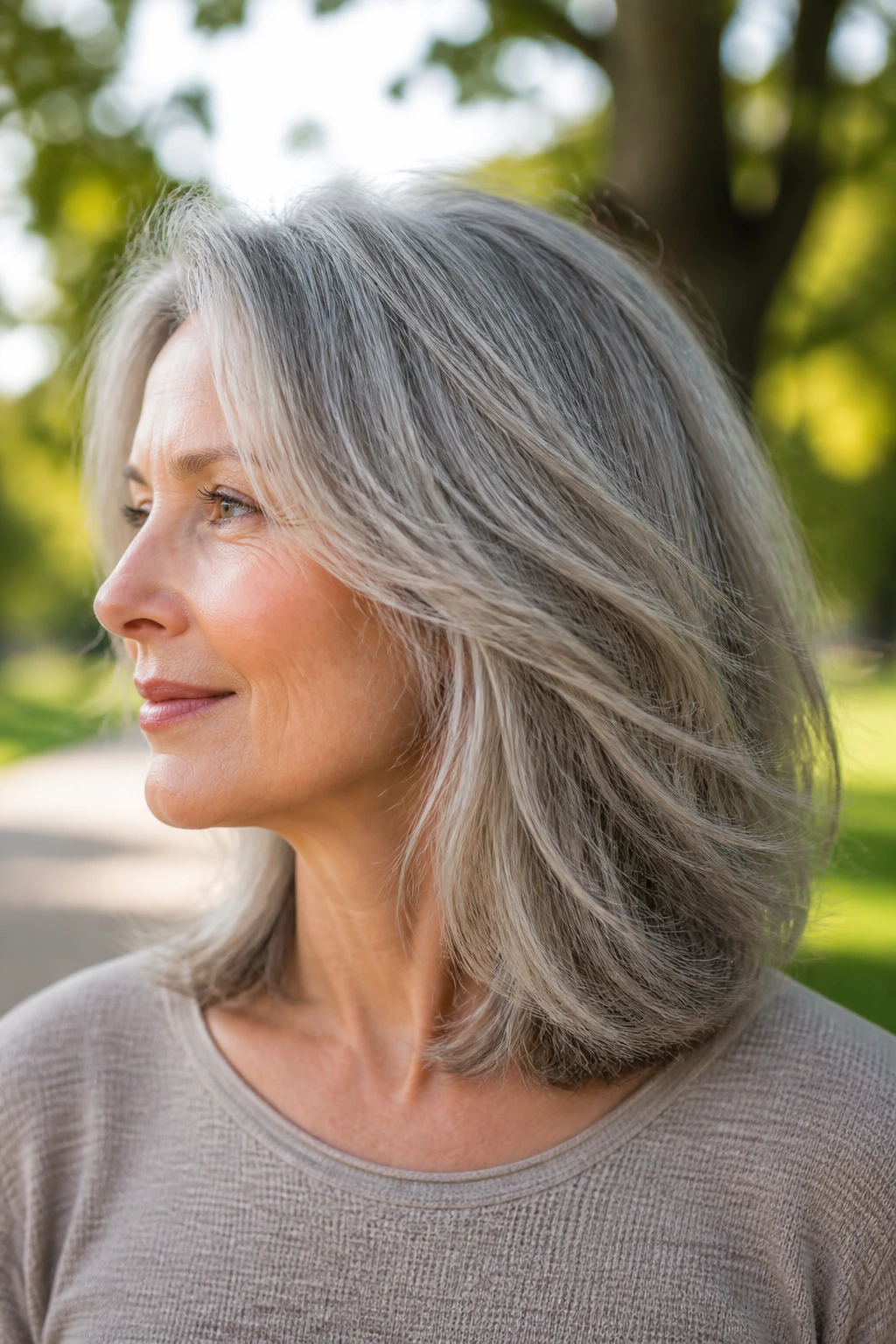 Close-up portrait of a real woman with collarbone-length cut and flowing ends