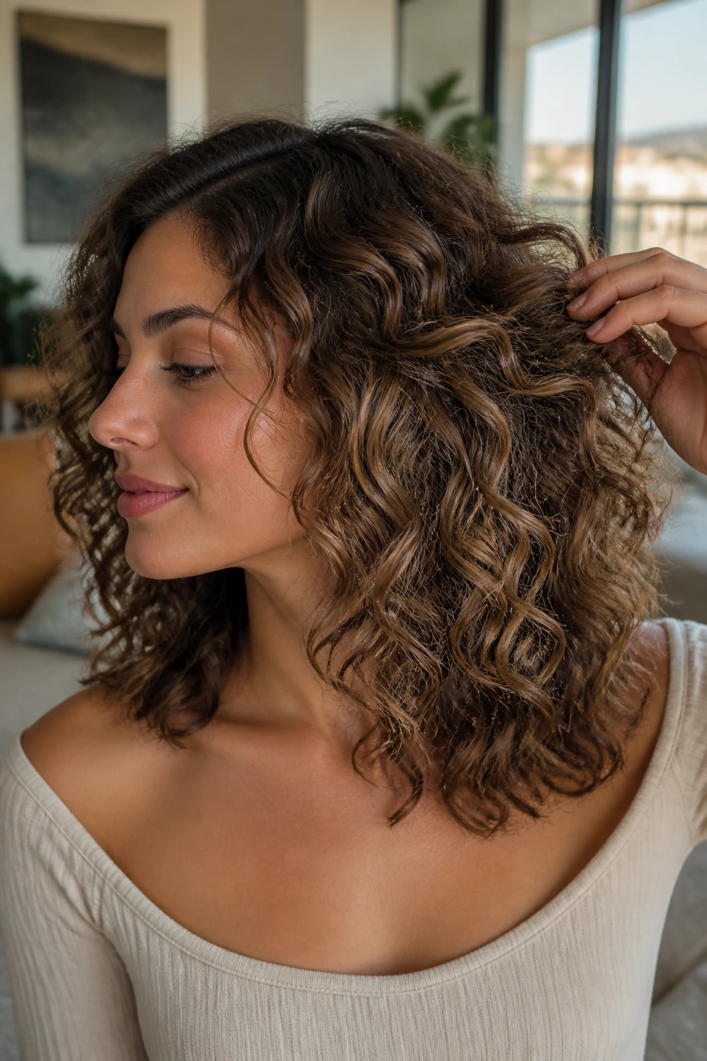 Close-up of a real person with a collarbone-grazing curly cut and internal layers