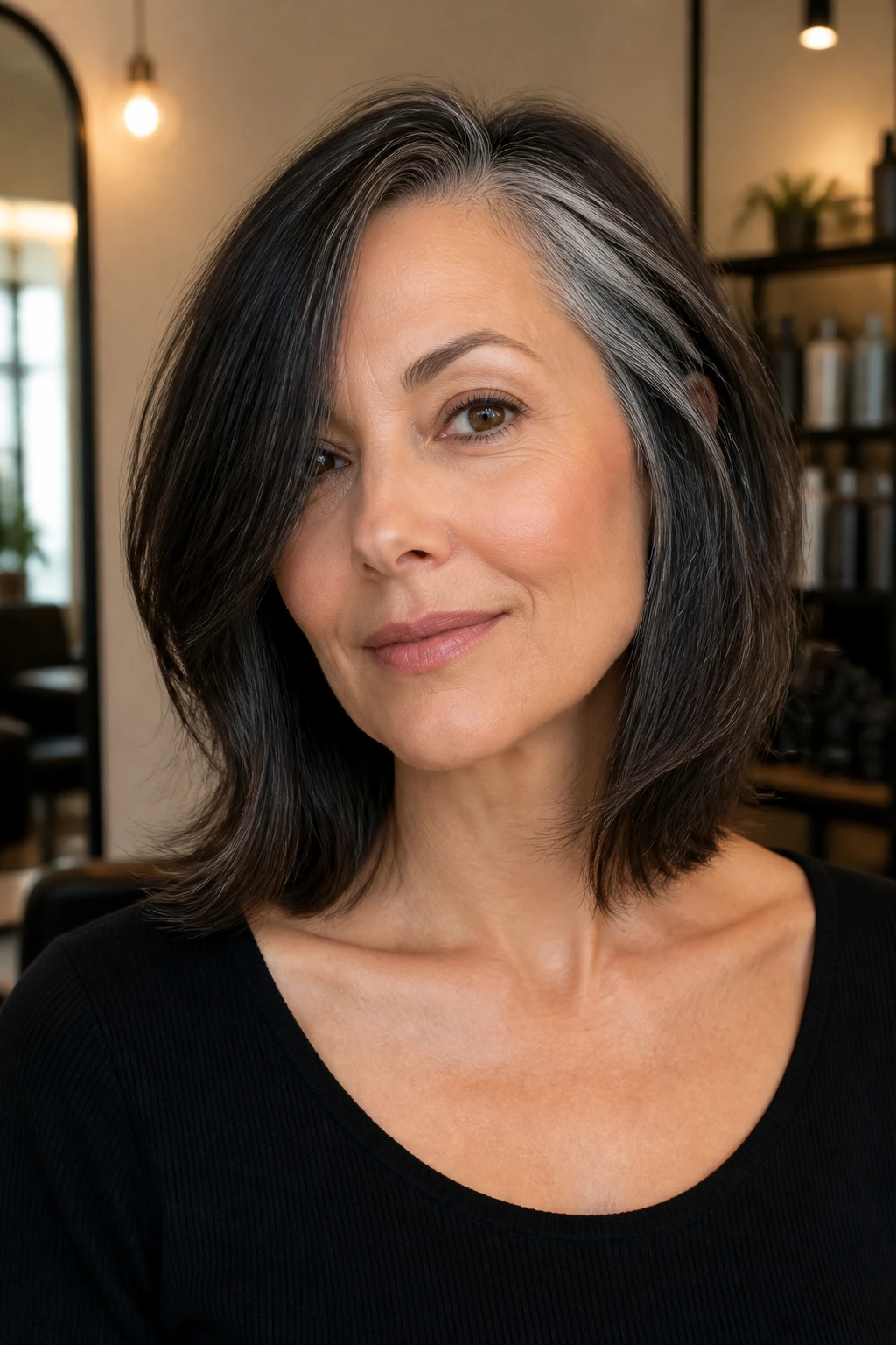 Close-up portrait of a real woman with collarbone-length hair showing invisible layers and subtle gray strands at the temples.