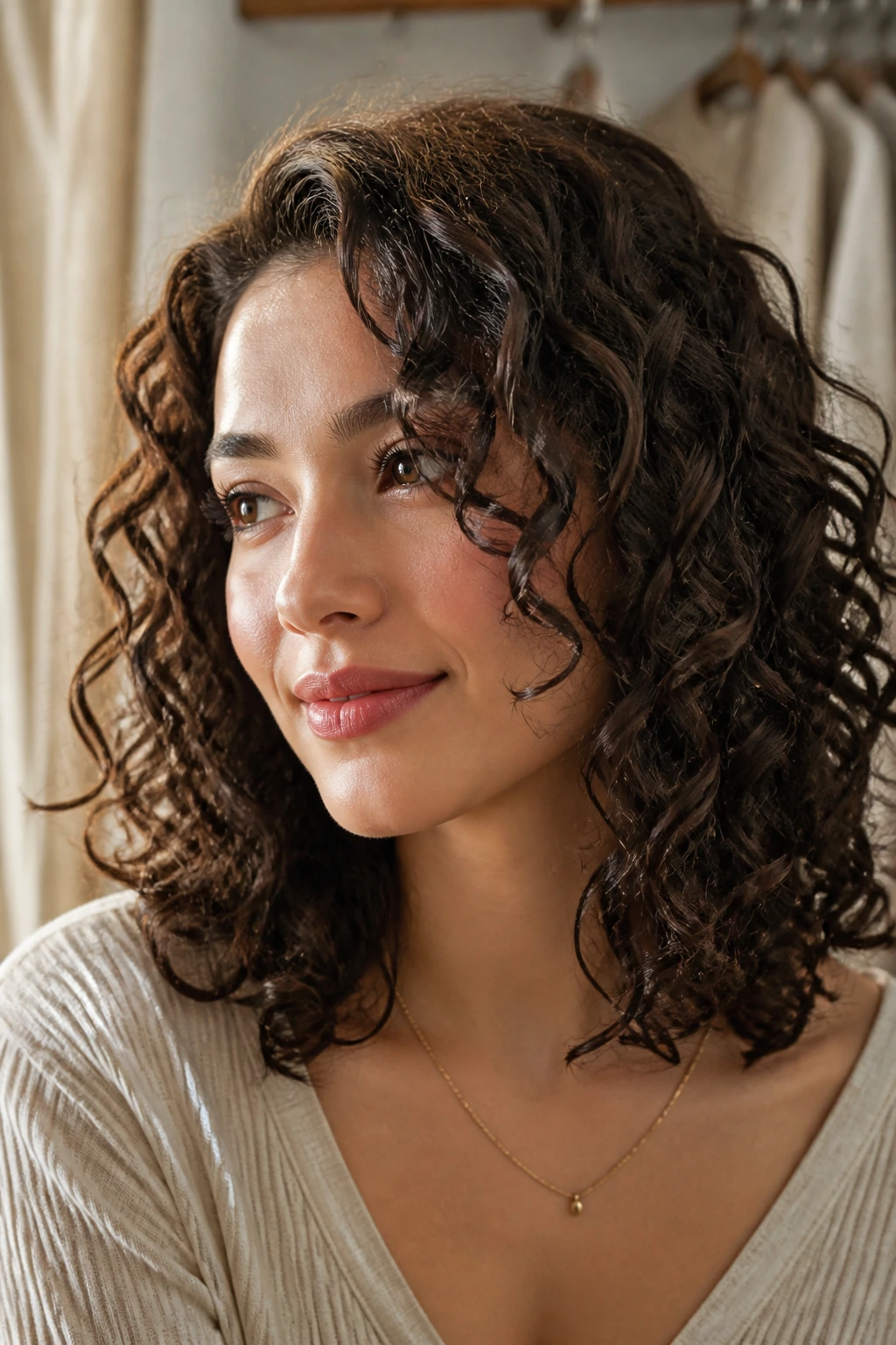 Close-up portrait of a person with collarbone-length hair and invisible layers.