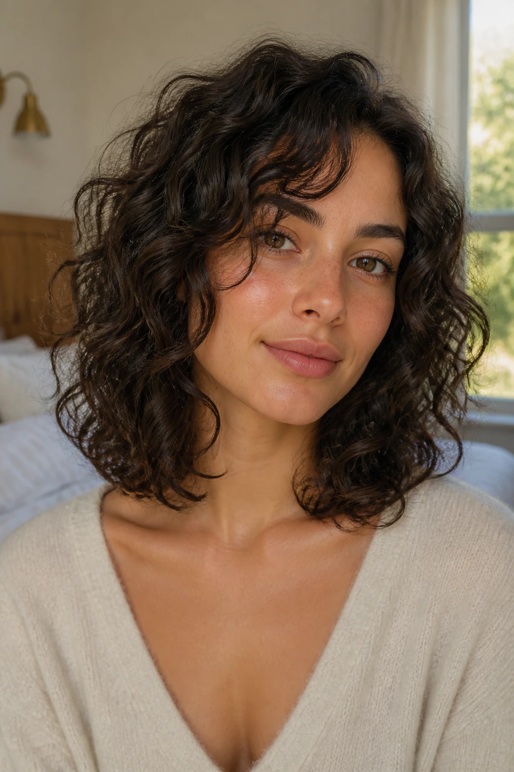 Close-up of a real woman with collarbone-length cut and soft internal layers
