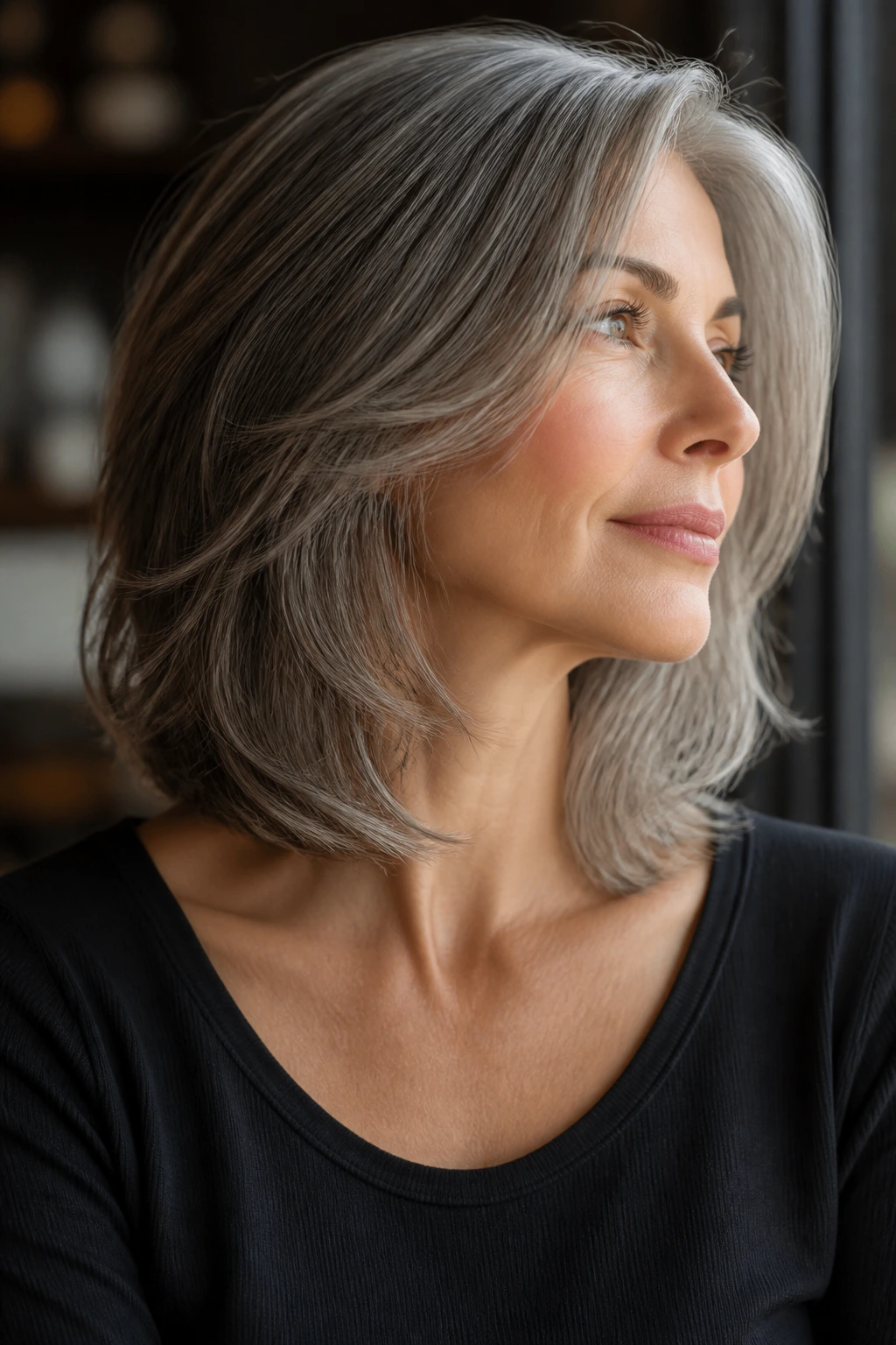 Close-up of a real woman with collarbone-length grey hair and internal layers