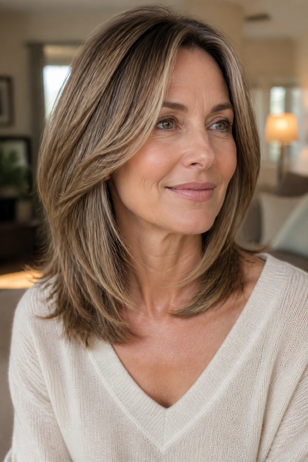 Medium close-up of a real woman with collarbone-length hair and internal layers.