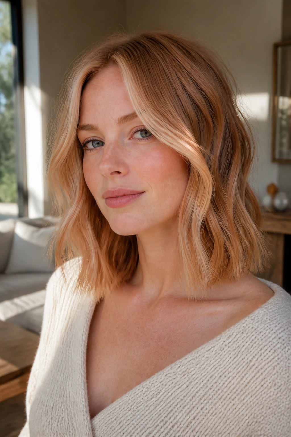 Close-up portrait of a real woman with textured collarbone cut and peachy money pieces in sunlit room