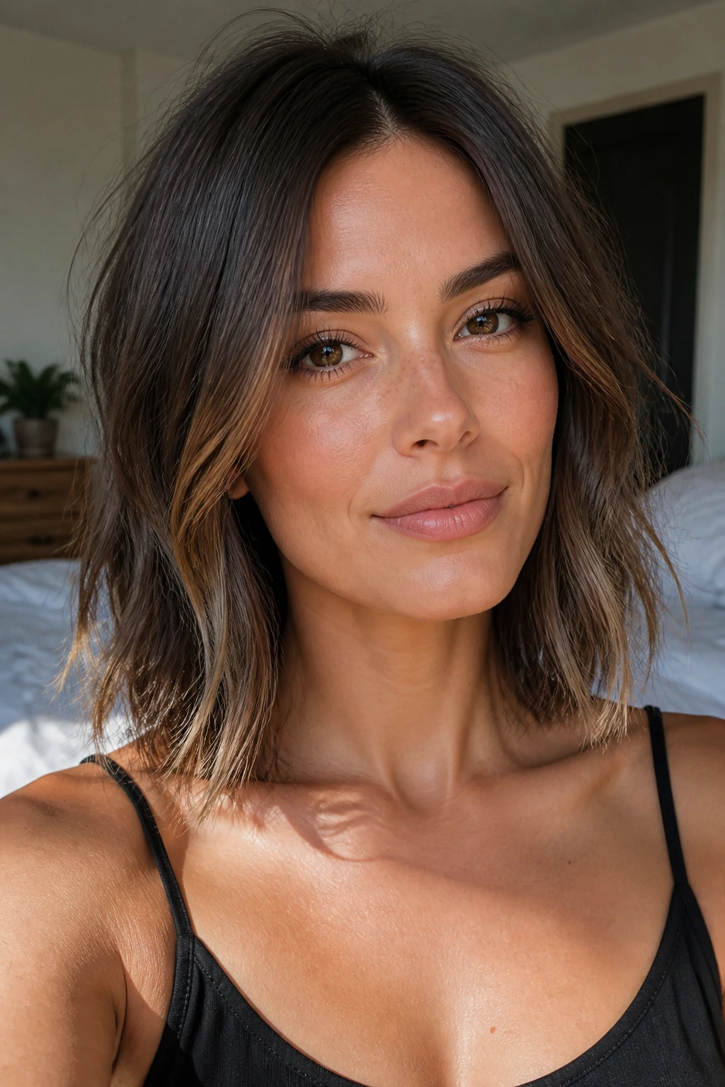 Close-up of real woman with collarbone-length hair and piecey ends