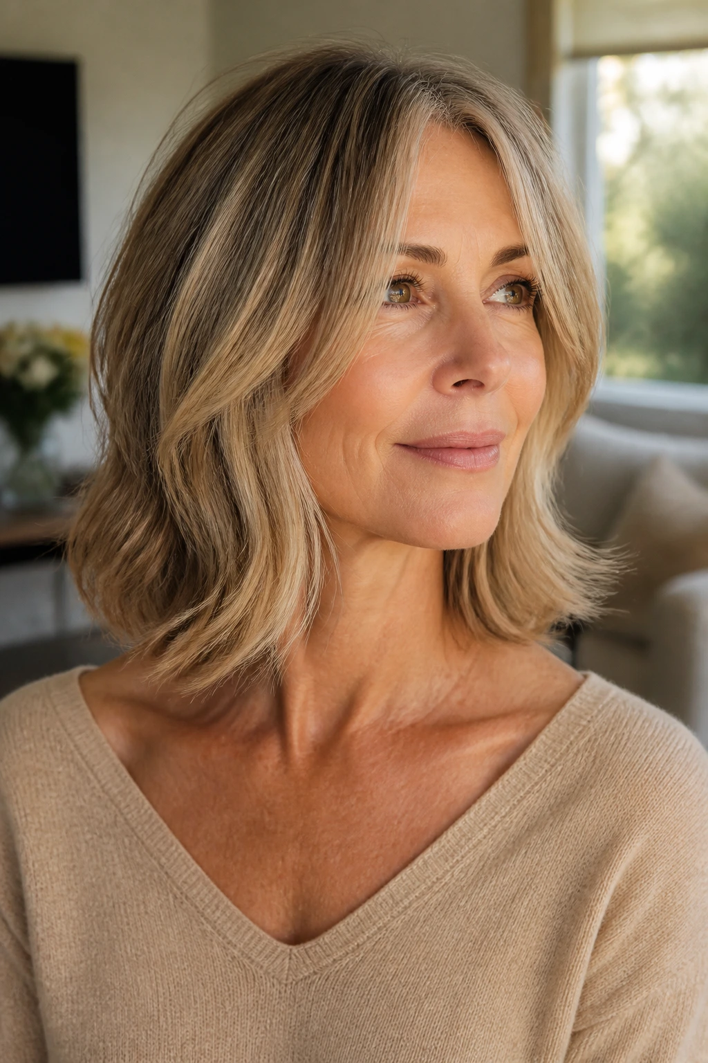 Close-up of a real woman with collarbone-length hair and face-framing ribbons