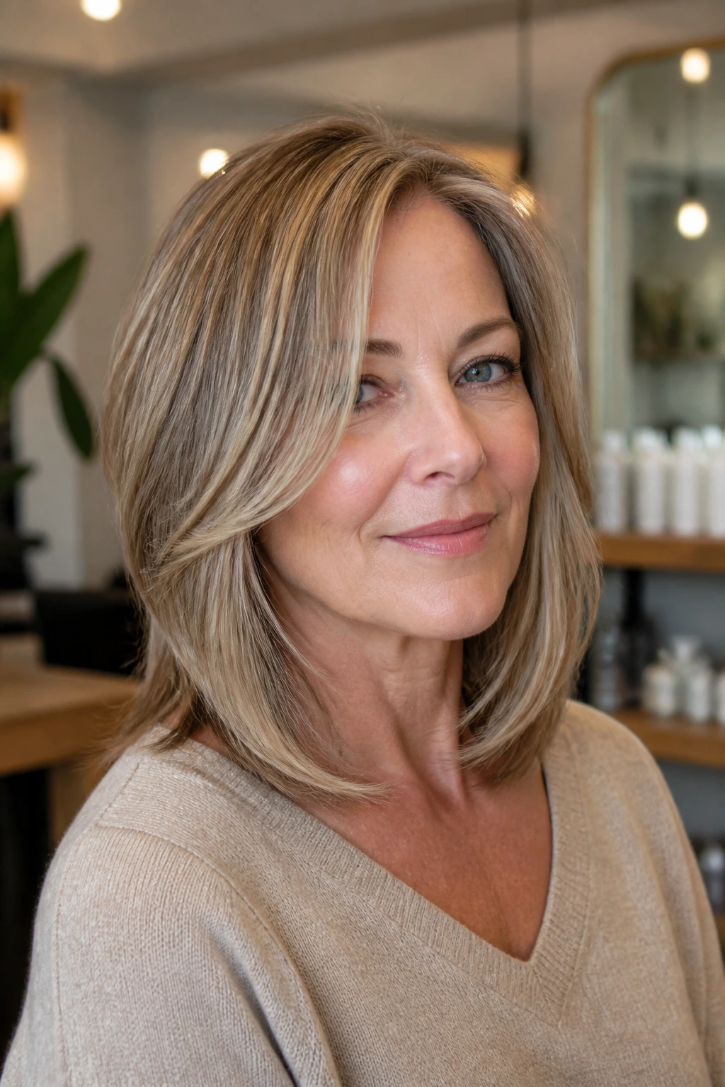 Portrait of a real woman with collarbone-length cut and face-framing ribbons