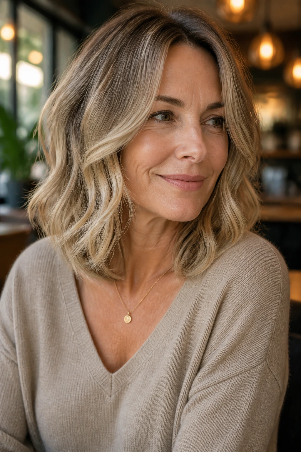 Close-up portrait of a real woman with Rounded Collarbone Cut and light ends.