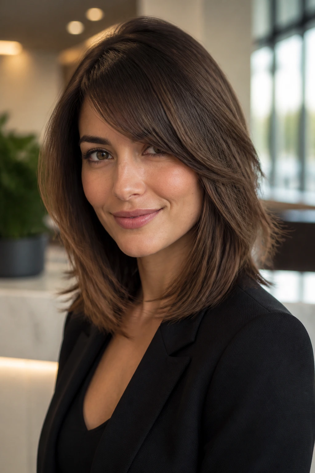 Close-up of a real woman with collarbone-length layered hair and side-swept bangs in an office setting