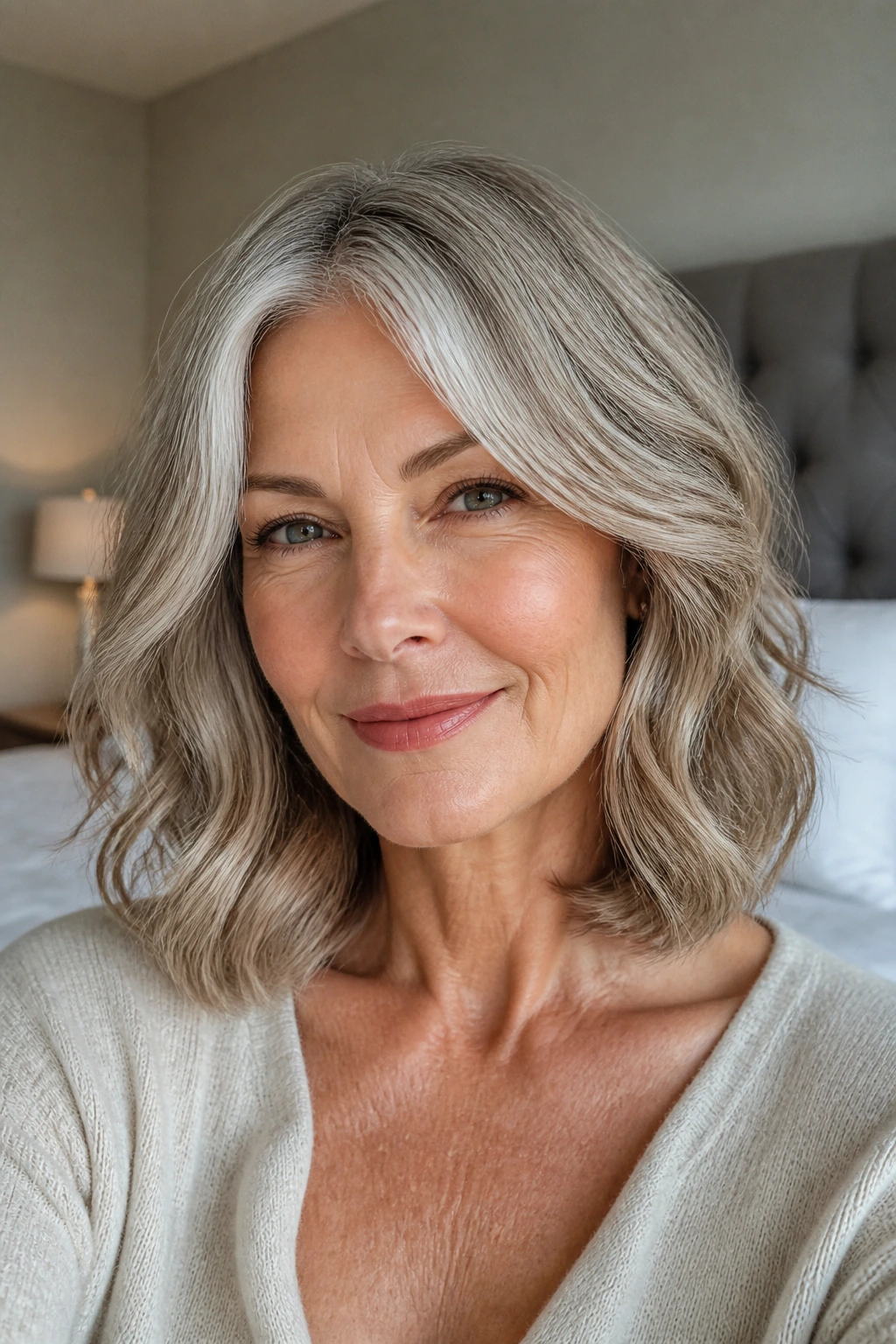 Close-up portrait of a thick-haired woman with a collarbone-length cut and soft waves, natural window light.