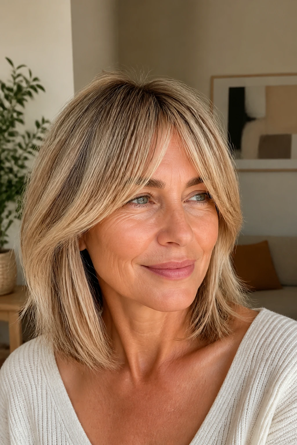 Close-up of a real woman with collarbone-length hair and a split fringe in warm daylight