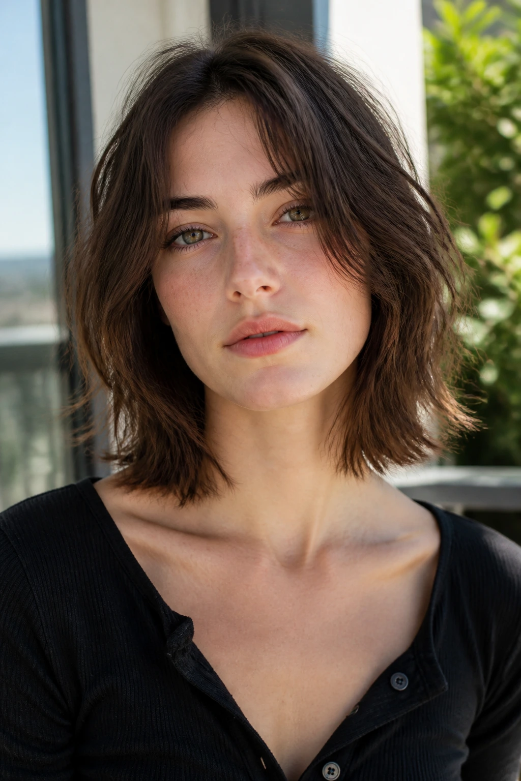 Close-up of tousled collarbone-length brunette hair on a real woman