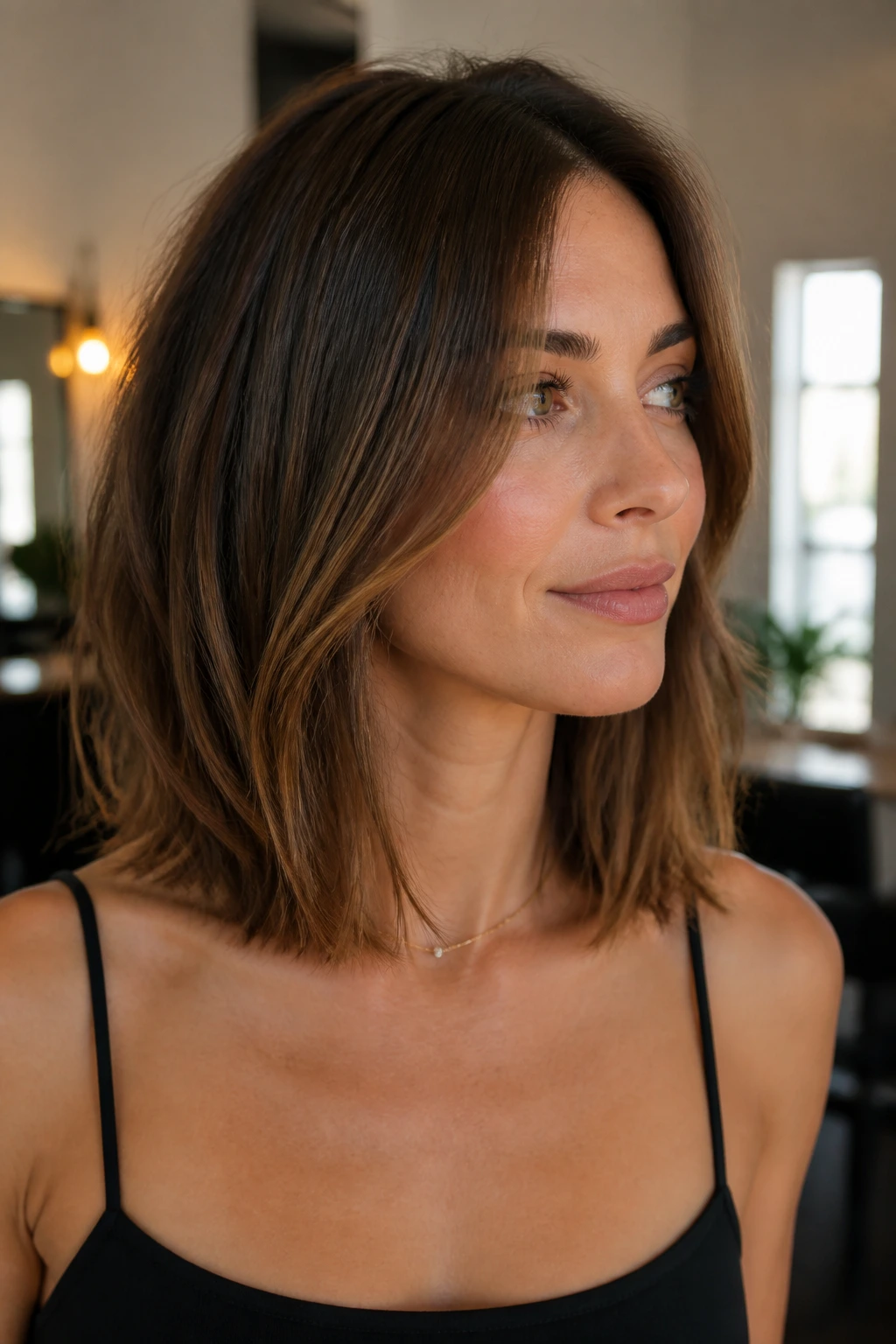 Close-up portrait of a real woman with hidden weight-line collarbone cut showing fullness