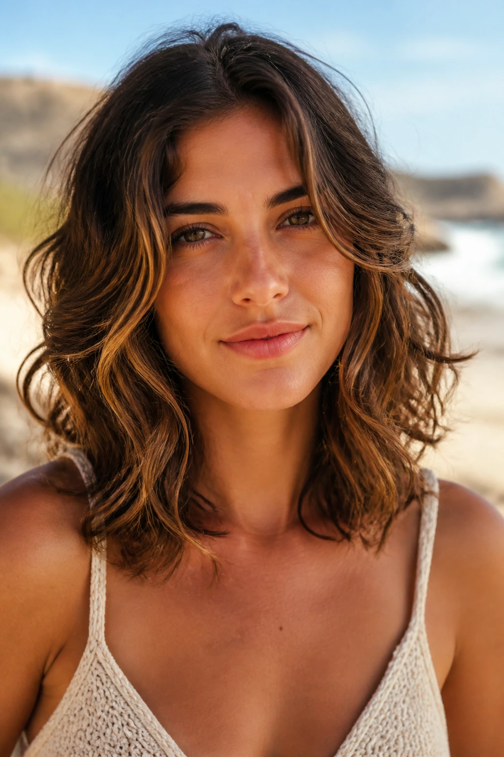 Portrait with collarbone-dust layers and loose beach waves