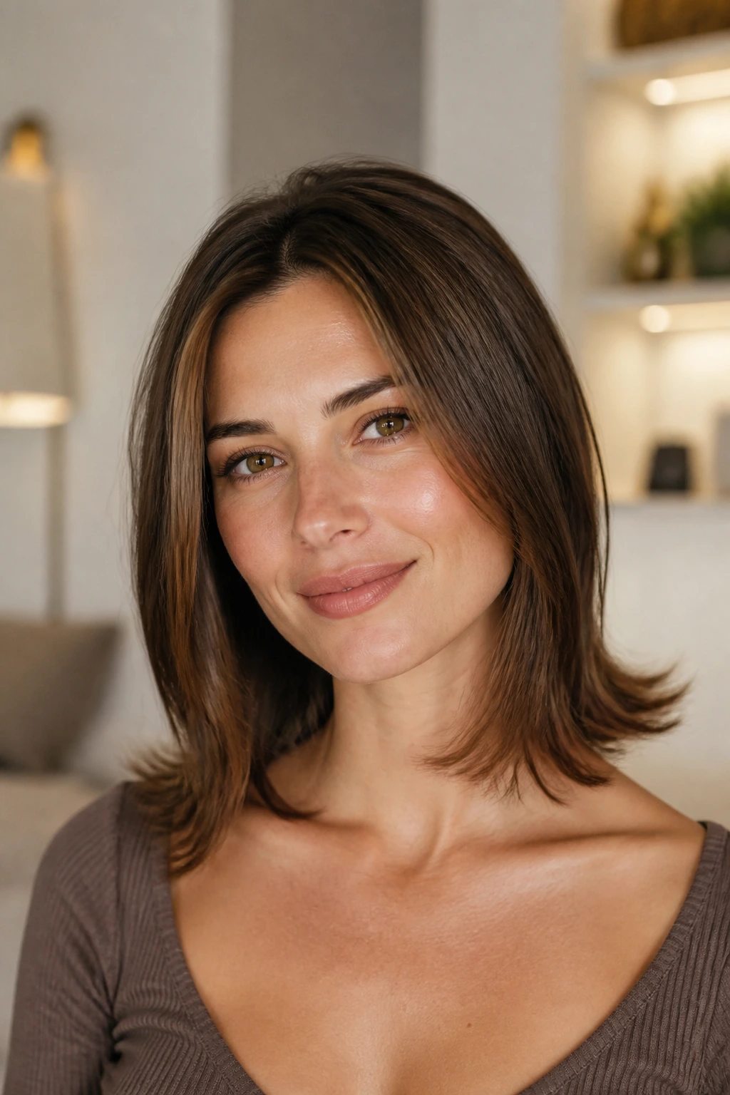 Portrait of a real woman with collarbone-length hair and outward-turning ends.