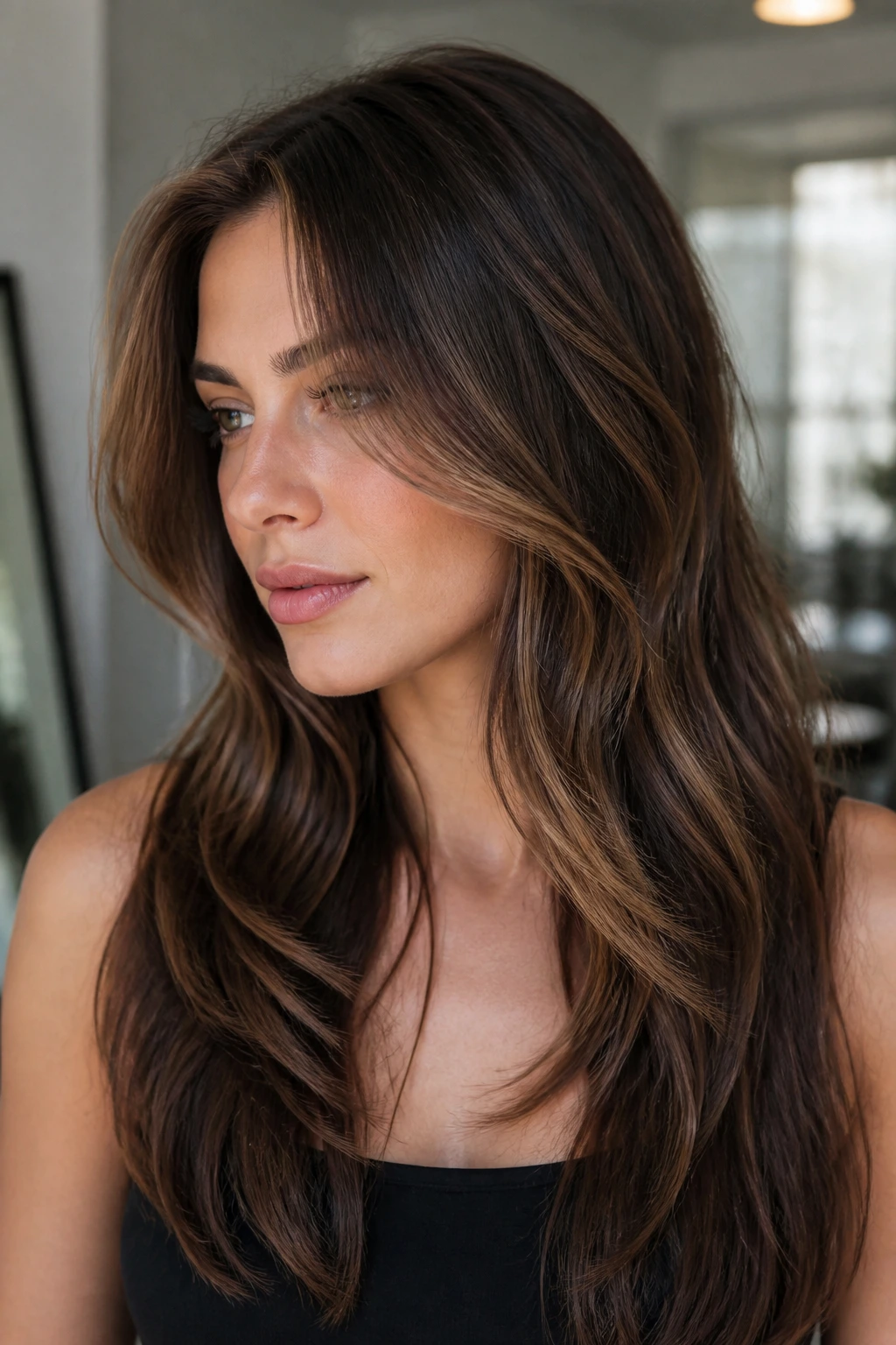 Portrait of a real woman with collarbone-length face-frame layers and a long back