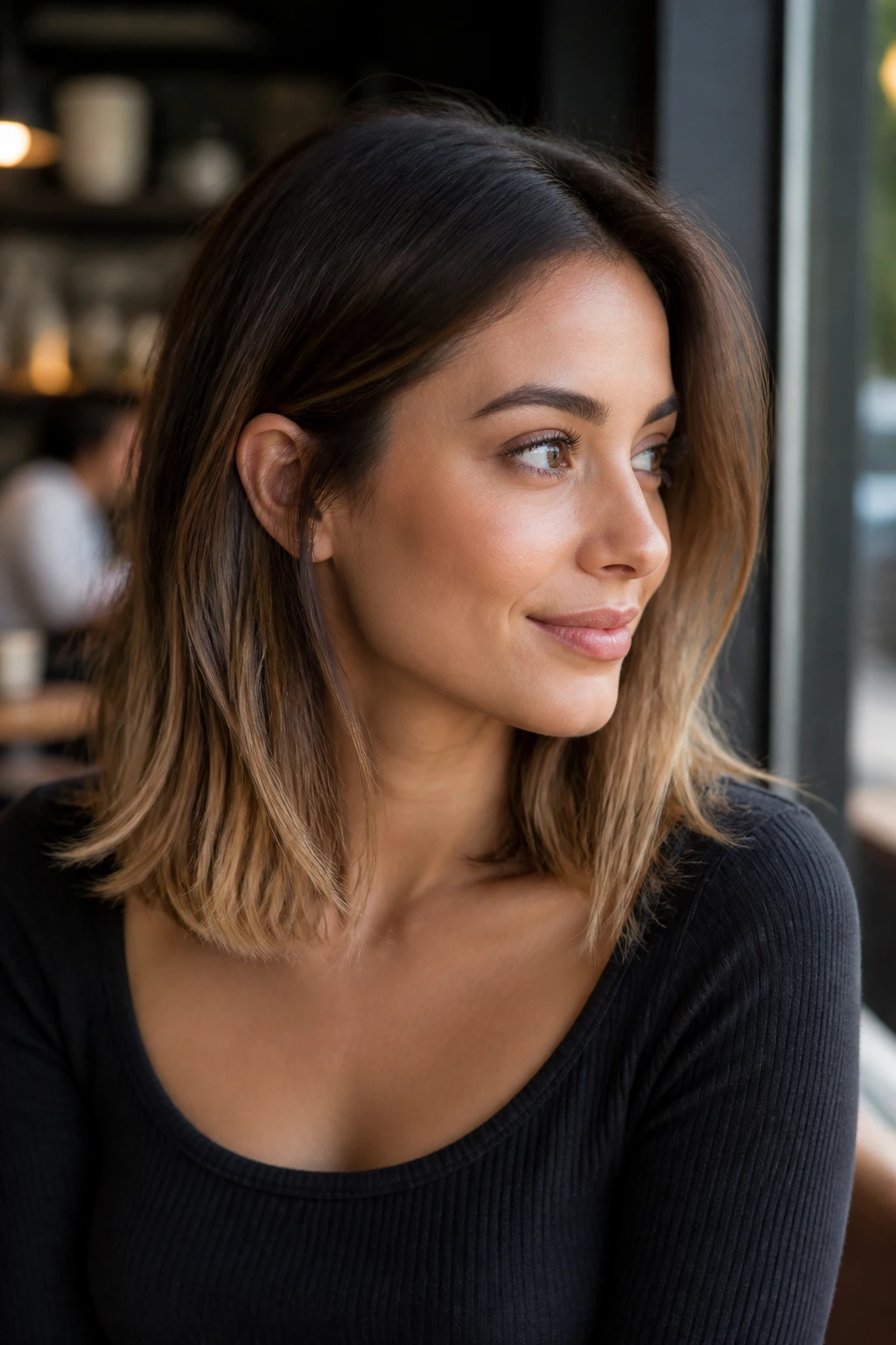 Close-up of a real woman with a collarbone-length cut showing espresso to honey gradient