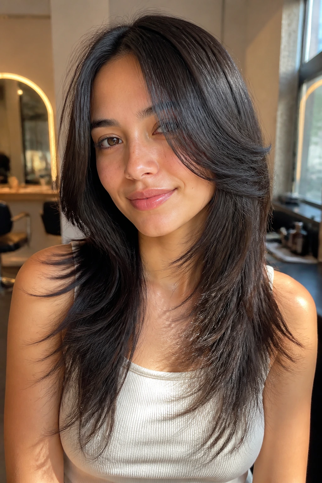 Close-up portrait of a real woman with collarbone-length feathered cut and longer feathering below in warm sunlight
