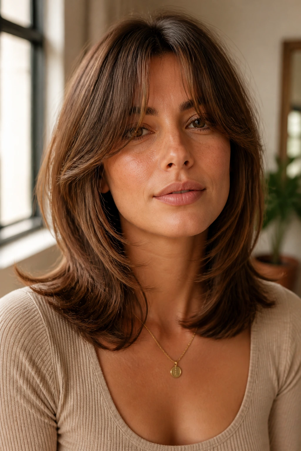Close-up of a real woman with collarbone-length feathering and curtain bangs in warm window light