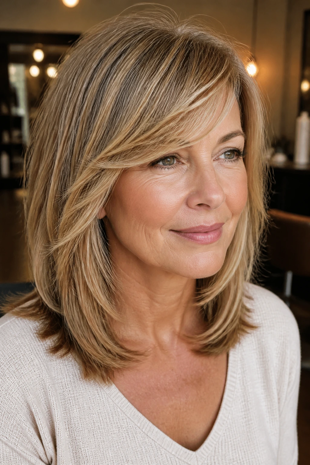 Close-up of a real woman with collarbone-length feathered layers and soft side-swept fringe