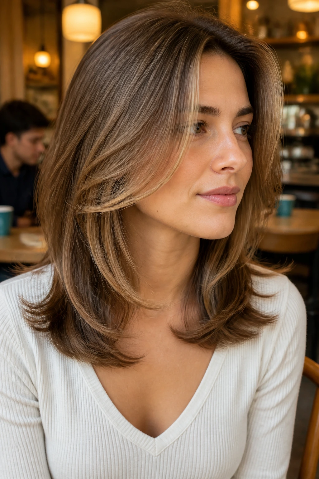 Real woman with collarbone flick layers bending near the collarbone