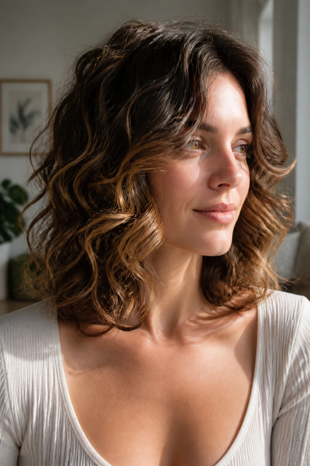 Real person with collarbone-length flip hairstyle with curl at the collarbone