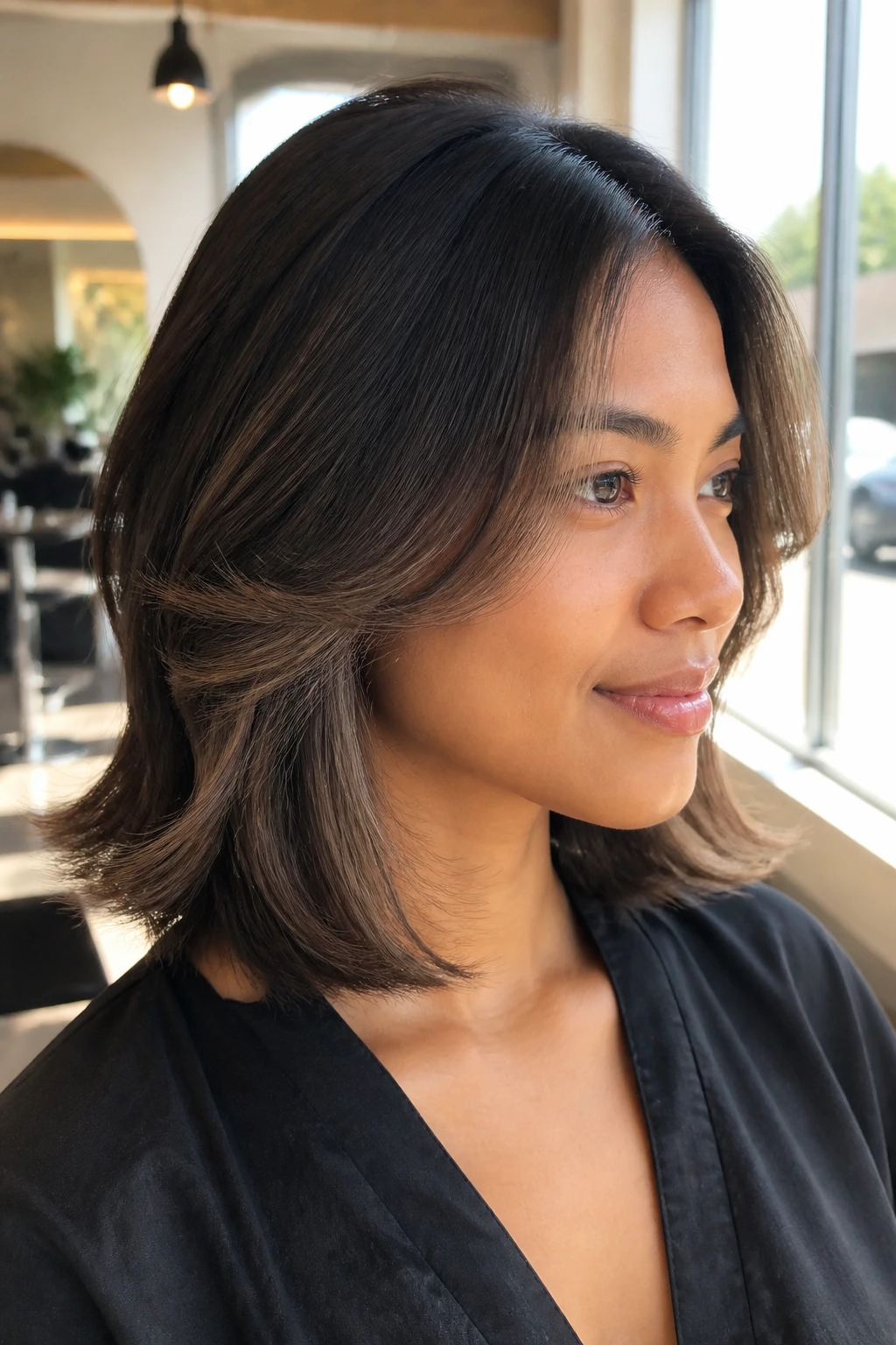 Close-up of a real person with collarbone-length hair and flipped ends showing ash brown lowlights