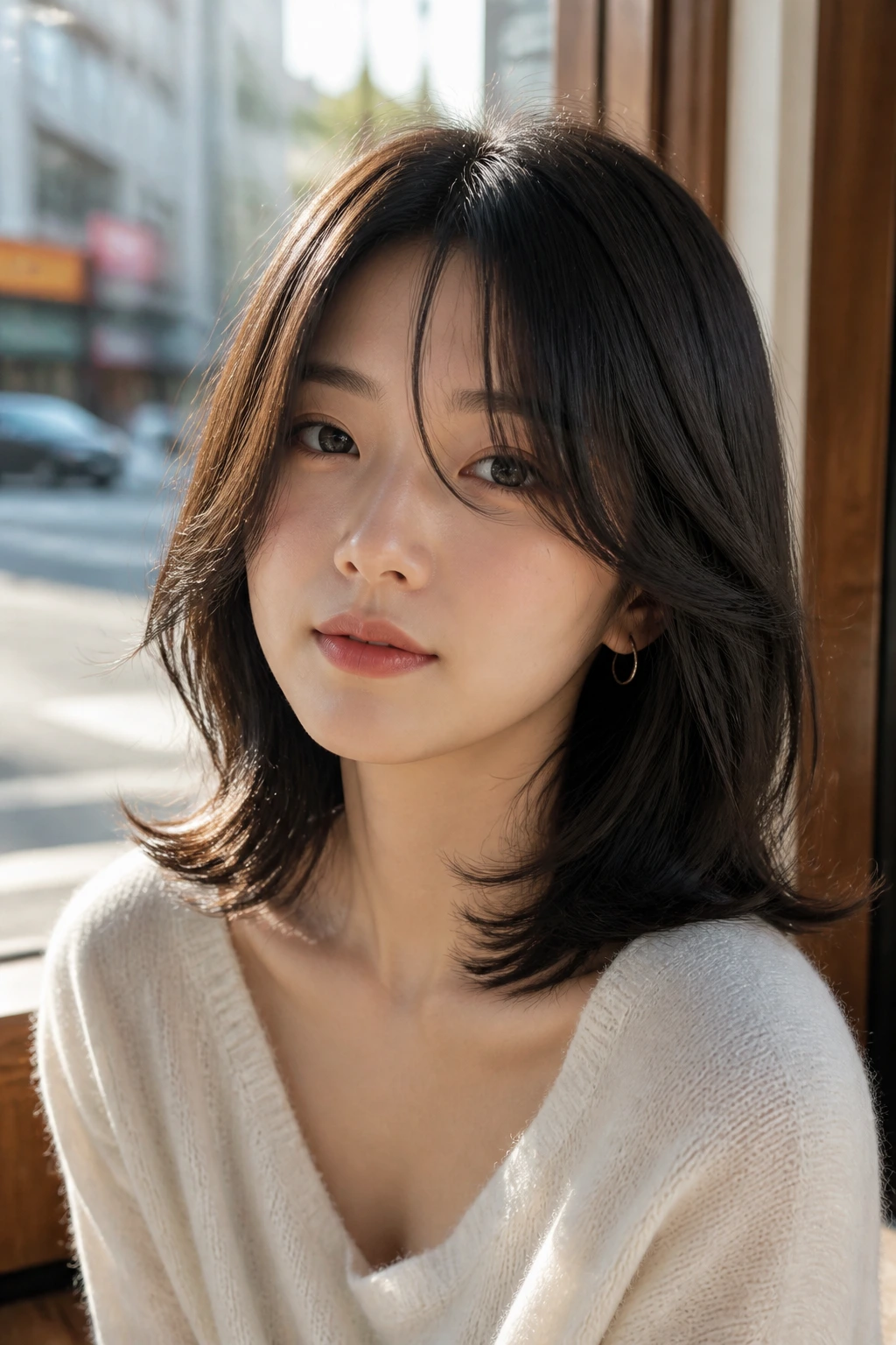 Close-up portrait of a real woman with collarbone-length hair and outward flip, in cafe light