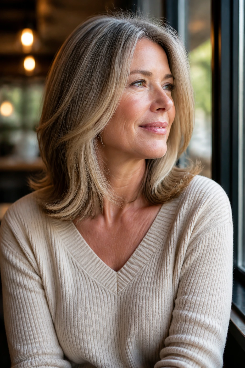Close-up of a real woman with collarbone-length hair flipped ends in a cafe daylight