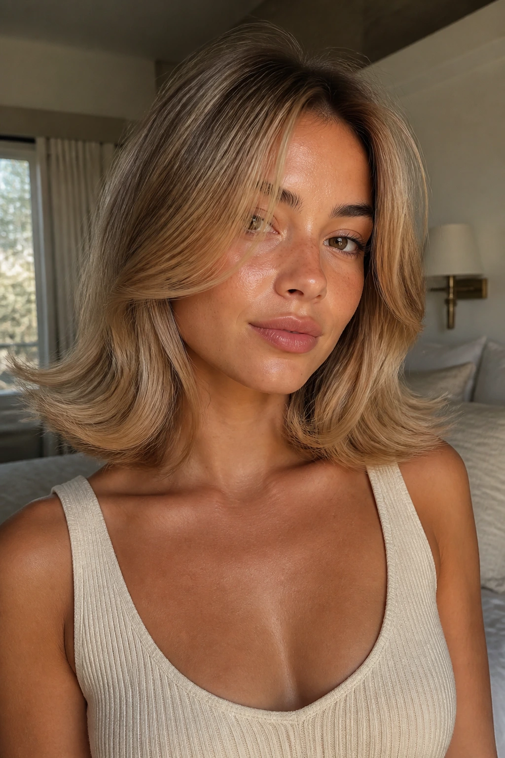 Close-up of a real woman with honeyed collarbone-length flipped blonde hair and warm skin in natural window light.