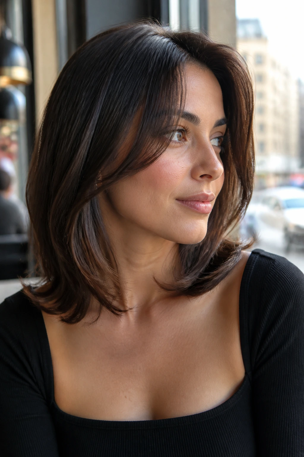 Real woman with collarbone-length flip layers bending away from the face.