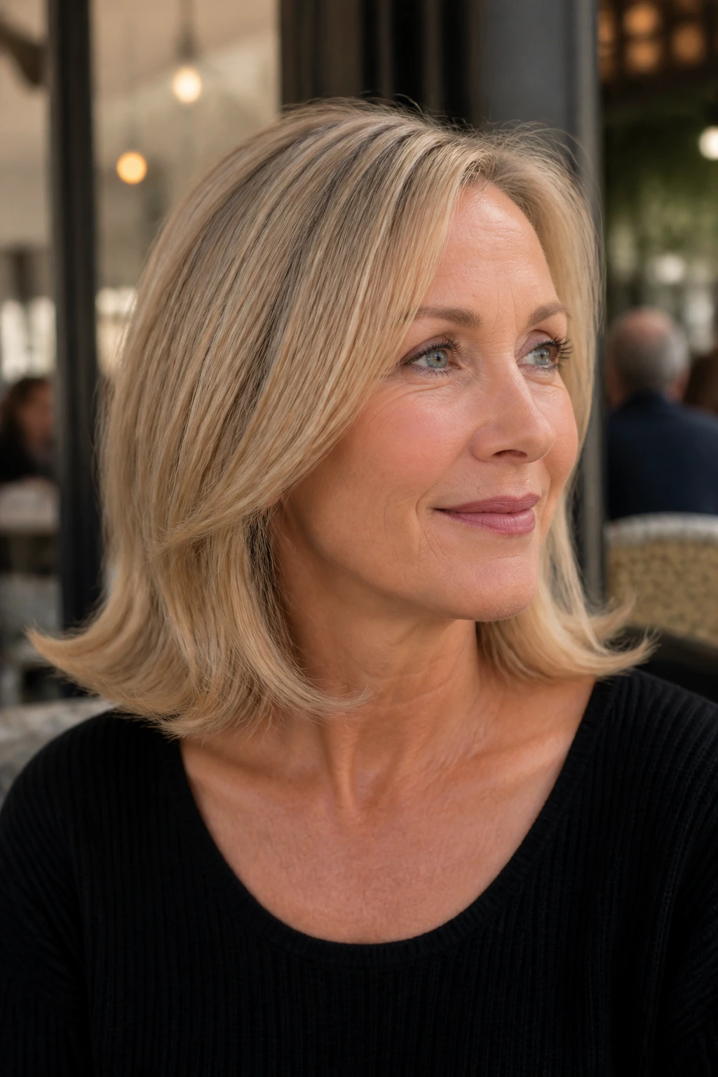 Close-up of a real woman with collarbone-length lob and outward flip at ends