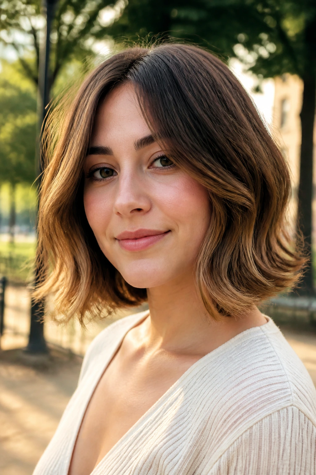 Close-up portrait of a woman with collarbone flip lob in outdoor light