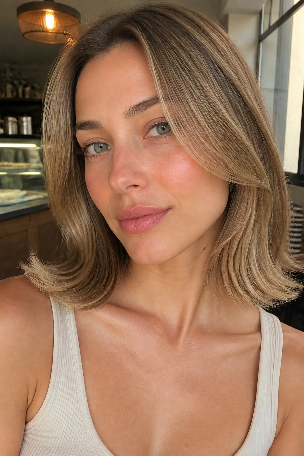 Portrait of a woman with collarbone-length hair and a loose outward flip
