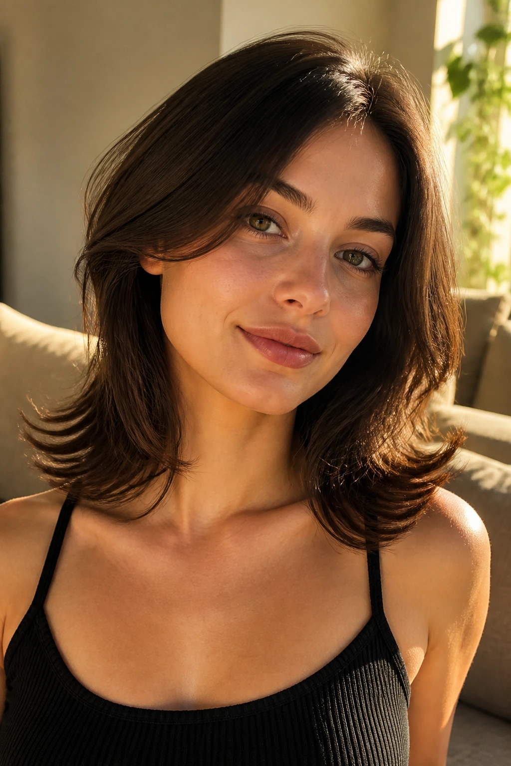 Close-up of a real woman with collarbone-length hair ending in a outward flip near the collarbone.