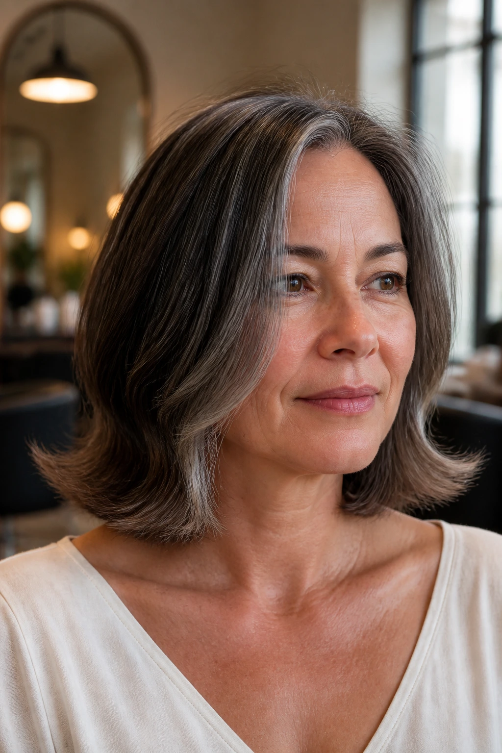 Close-up brunette with collarbone-length flip-out cut and silver highlights in a softly lit salon.