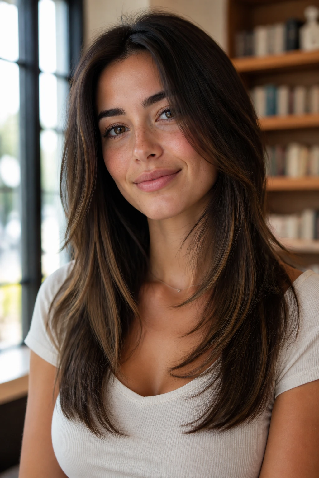 Close-up of real woman with collarbone-forward layers highlighting collarbone during a portrait