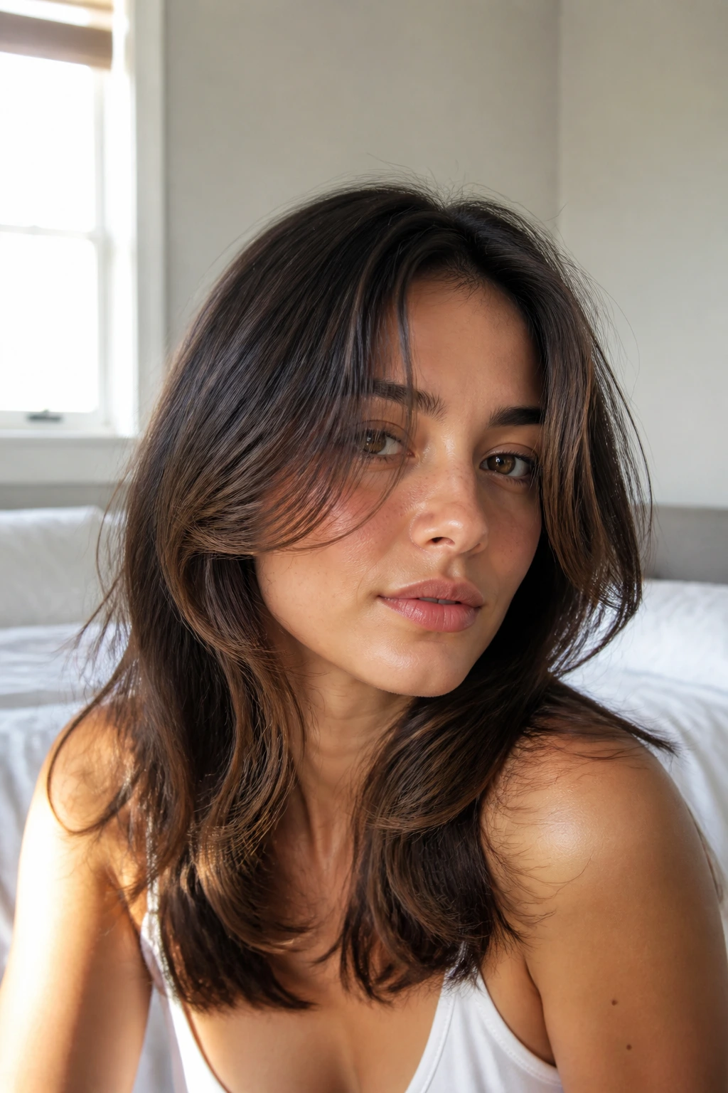 Real woman wearing collarbone-to-face frame bangs framing the cheeks