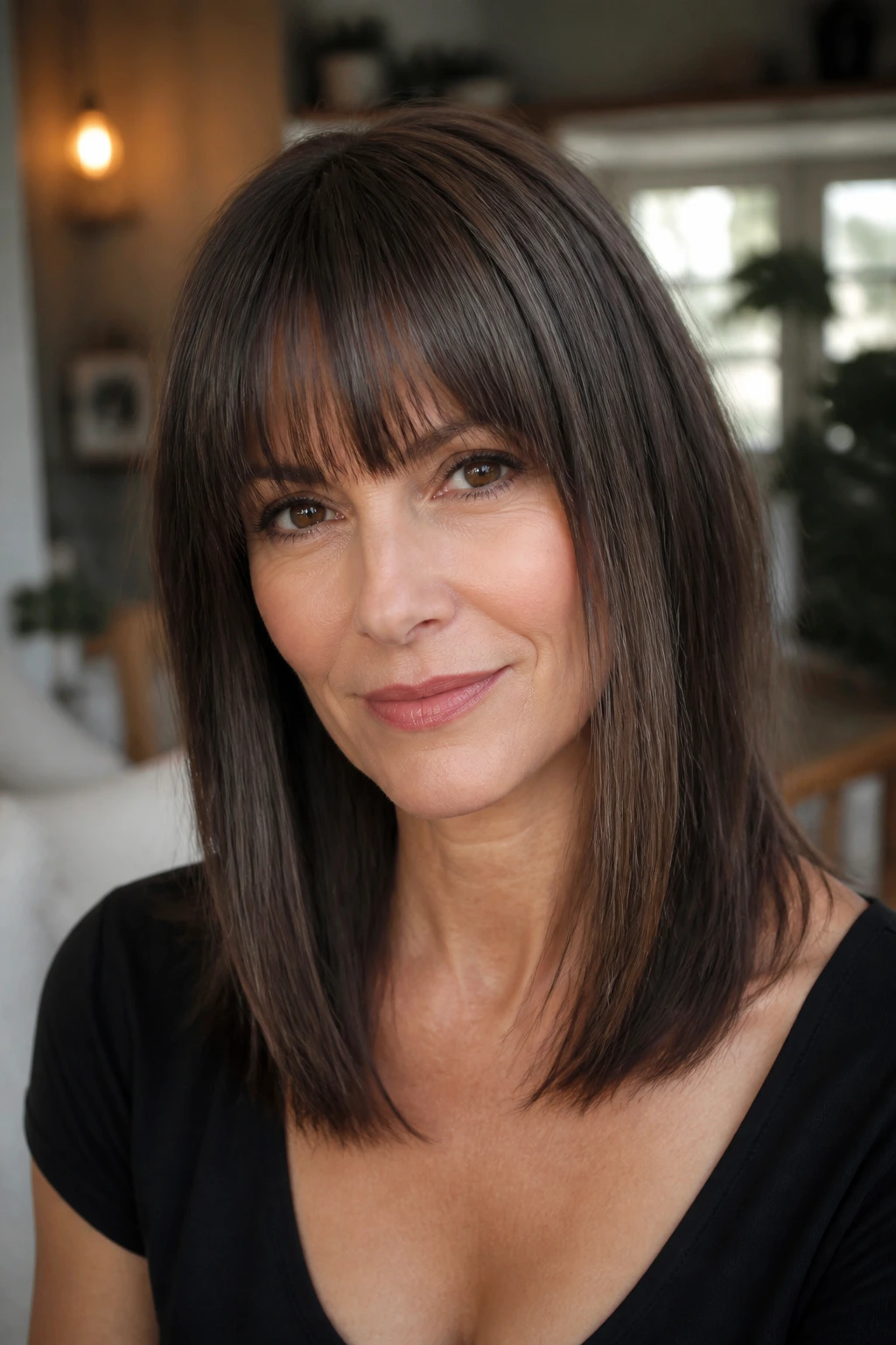 Close-up portrait of a real woman with collarbone-frame straight bangs