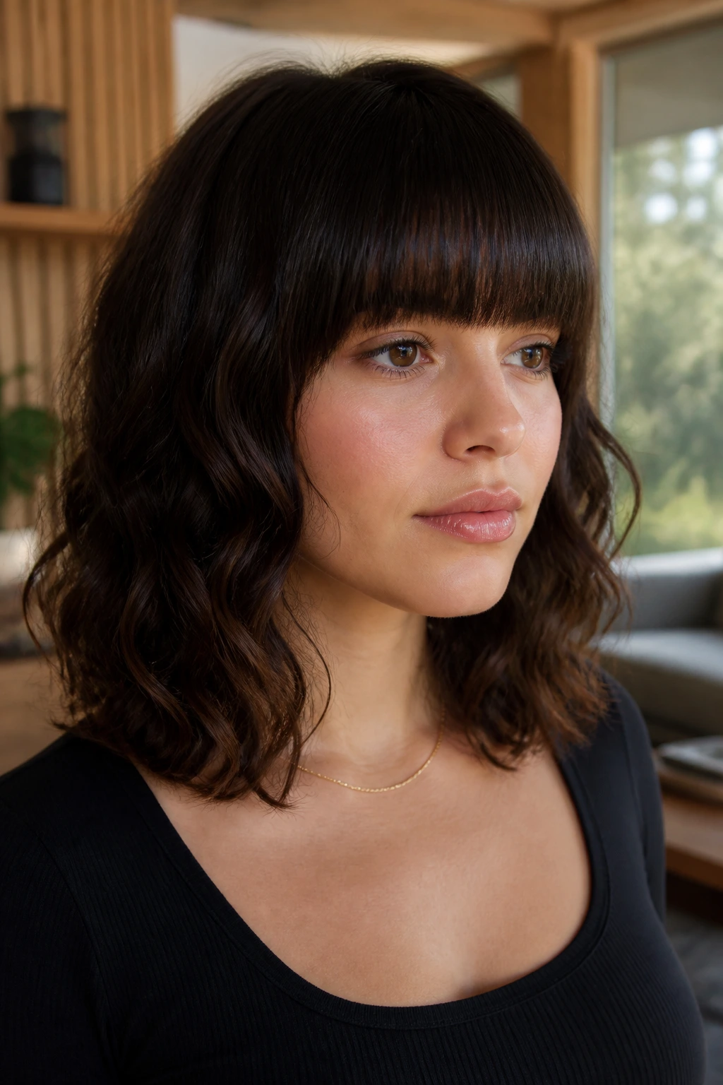 Portrait of a real woman with collarbone-length curls and a heavy bang panel.