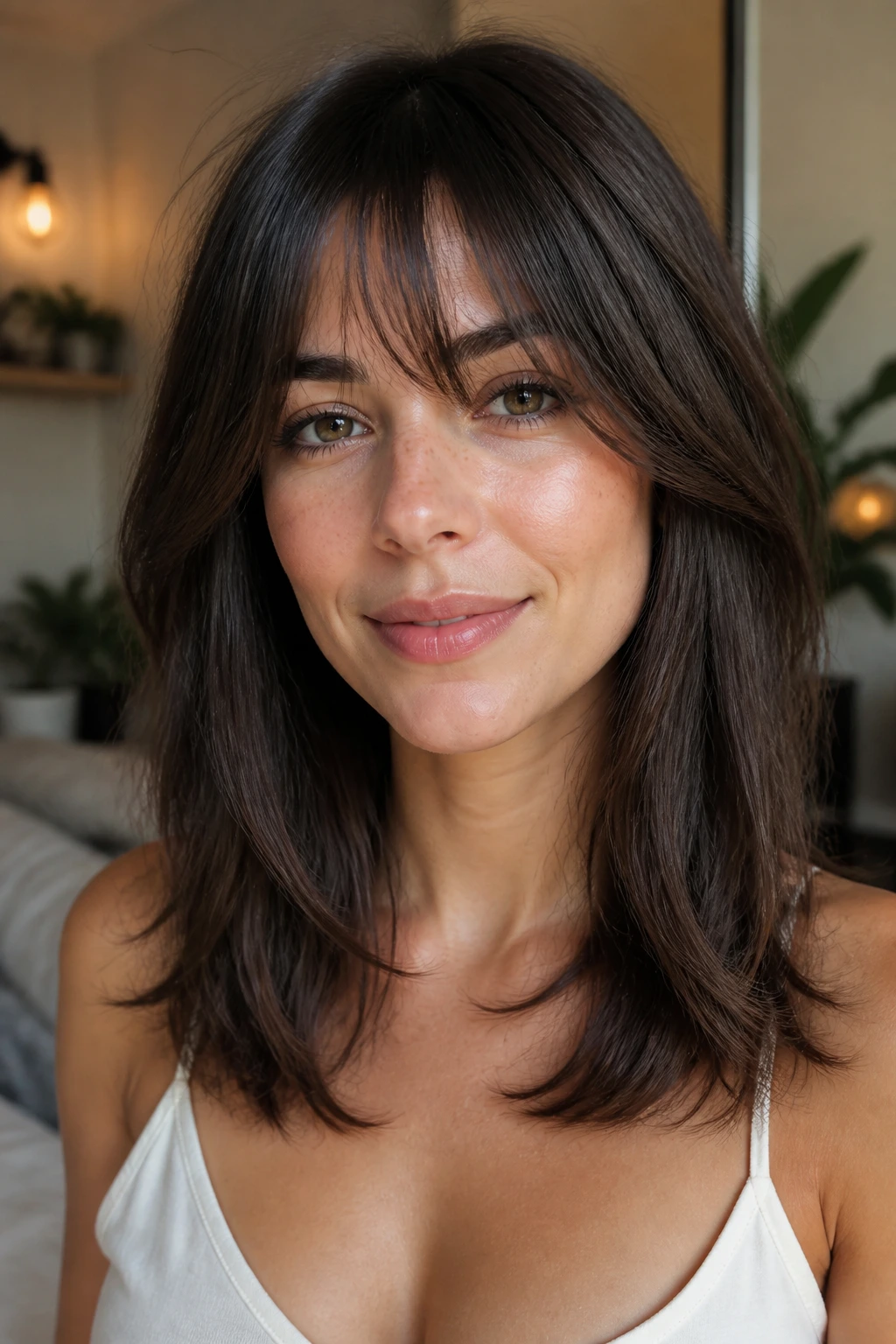Close-up portrait showing collarbone-grazing fringe blending into collarbone-length layers