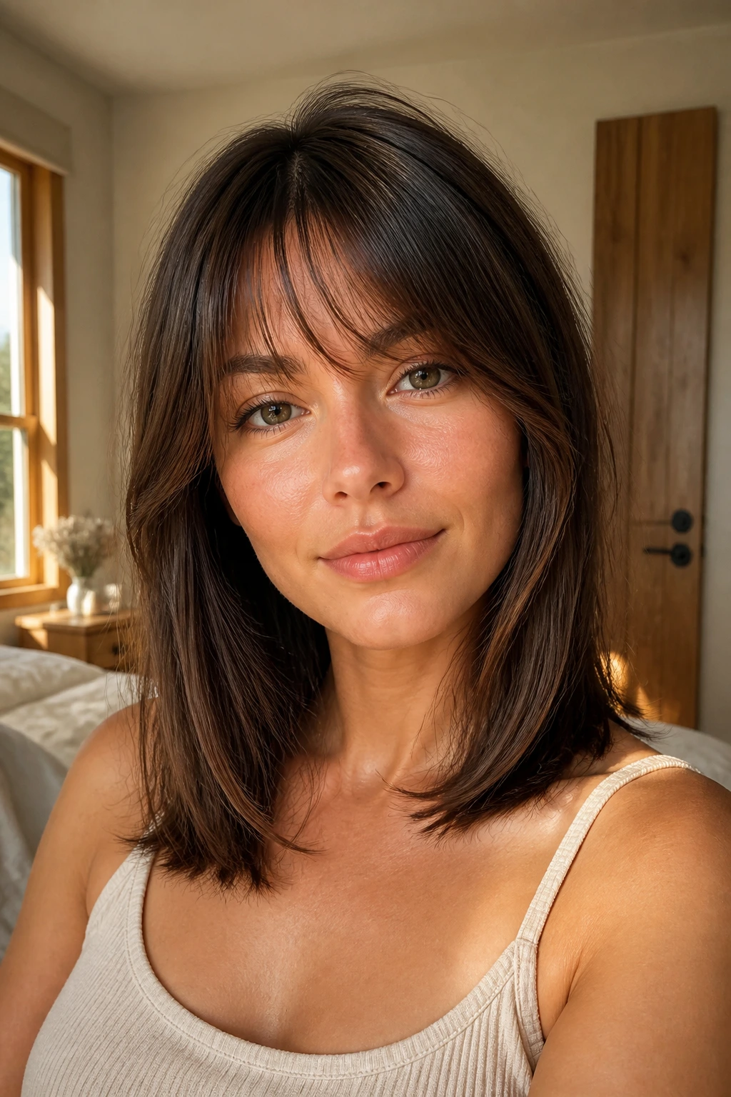 Close-up of a real woman with a collarbone-length fringe blend framing her face in a sunlit bedroom