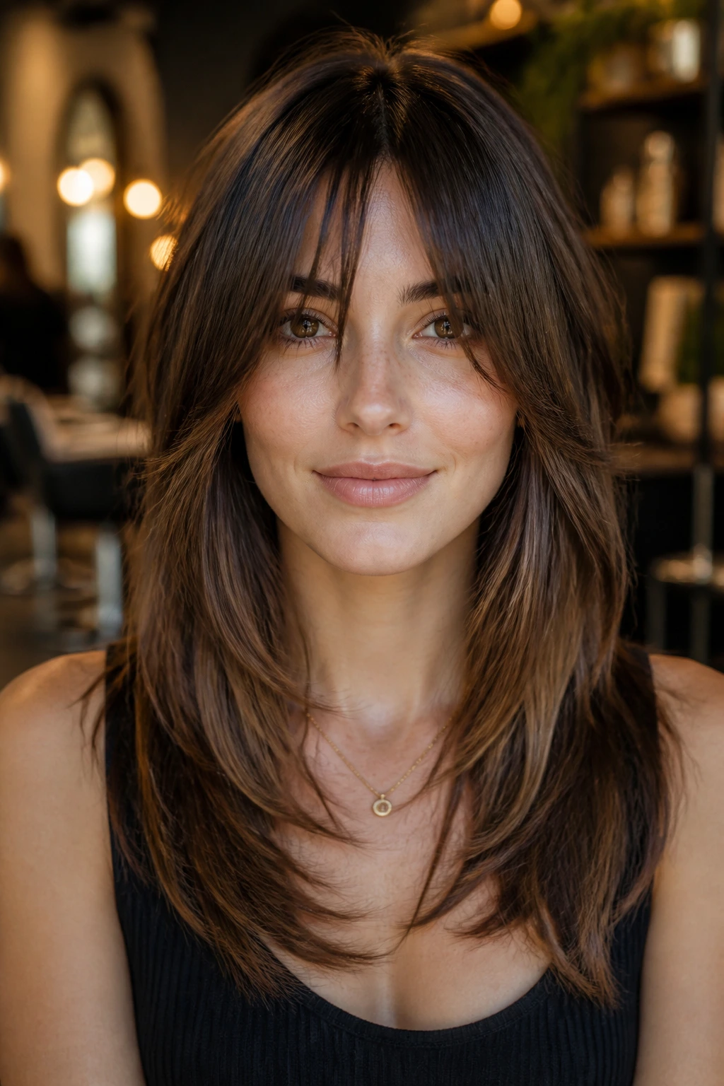 Close-up portrait of a woman with a collarbone-sweeping fringe blending into long layers in a chic salon